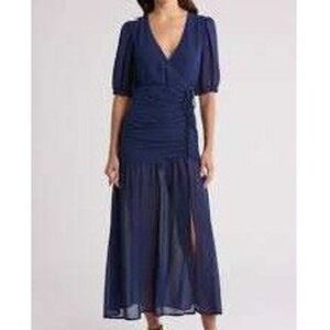 NWT Wishlist Navy Blue‎ Ruched Midi Dress V-Neck Sheer Sleeve Size Small